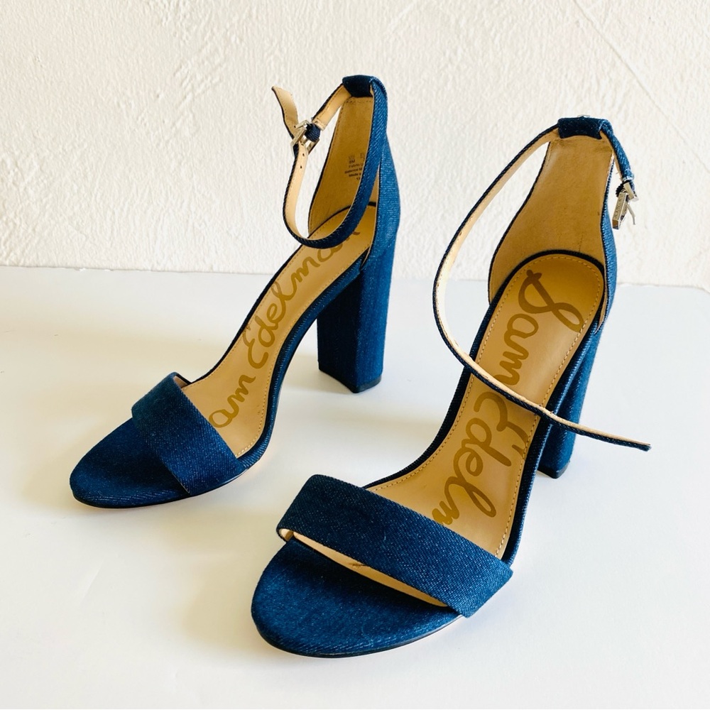 Sam Edelman Yaro Shoes 8 Navy Blue Denim Ankle Strap Block Heels Open Toes NWOT - Picture 2 of 16